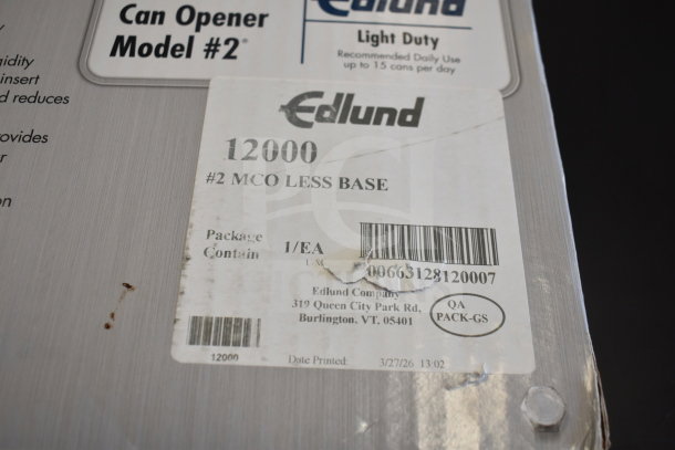 Brand new Edlund 12000 Old Reliable #2 manual can opener, scratch and dent, Model #2. Visible packaging label.