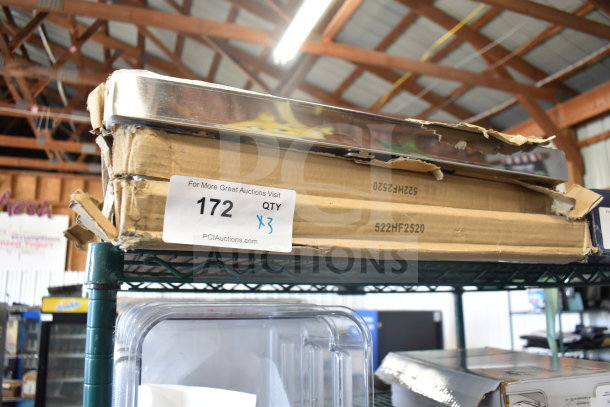 3 new Steelton 522HF2520 stainless steel hood filters, 20"x25"x2", slight box damage, labeled with auction info.