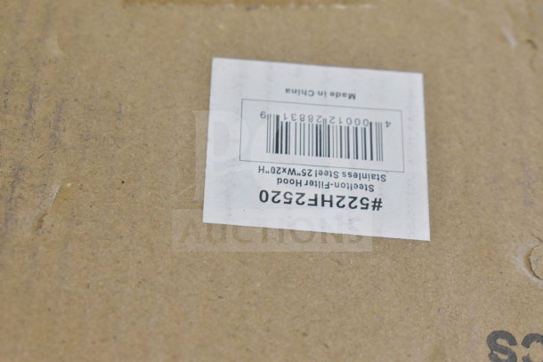 Label on cardboard box for Steelton 522HF2520 20"x25"x2" stainless steel hood filter, made in China.