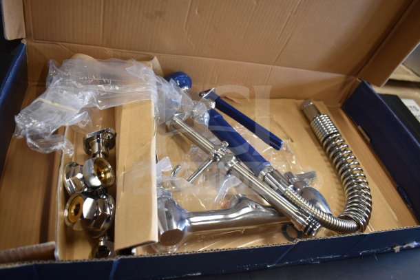 Brand new Waterloo 750PRWL8X pre-rinse faucet, low profile, 1.15 GPM, with 8" centers, in original packaging.