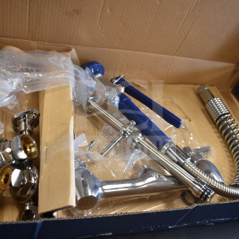 Brand new Waterloo 750PRWL8X pre-rinse faucet, low profile, 1.15 GPM, with 8" centers, in original packaging.