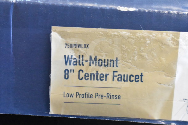 BRAND NEW 750PRWL8X Waterloo wall-mounted pre-rinse faucet, 1.15 GPM, 8" centers. Scratch and dent packaging visible.