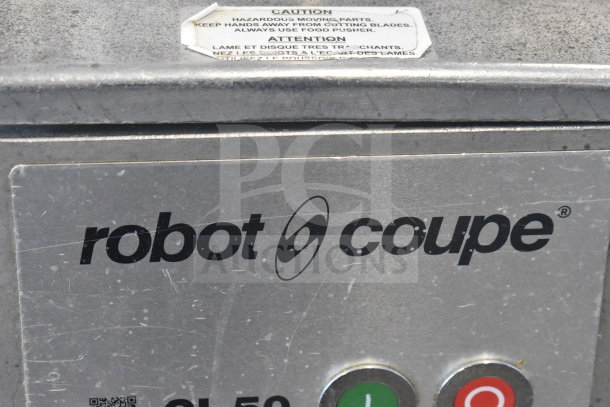 Robot Coupe CL50 Series A commercial food processor, 120 volts, 1 phase, used condition; visible caution label.