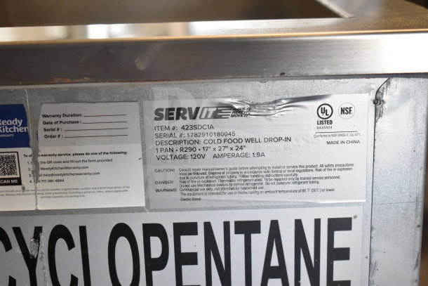 BRAND NEW ServIt 423SDC1A one pan drop-in refrigerated cold food well, 120V, 1 phase, UL and NSF listed.