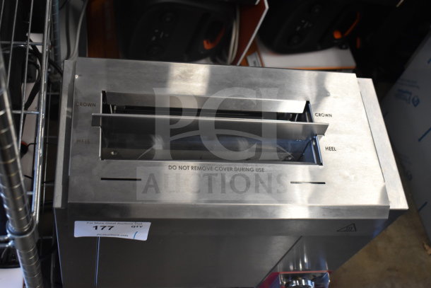 Brand new Avantco 177CPBTR66B commercial bun toaster, 208V, 1 phase. Visible labels indicate "Crown" and "Heel".