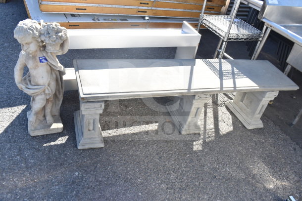 Concrete bench and child statue set, includes detailed classic design; both in good condition for outdoor decor.
