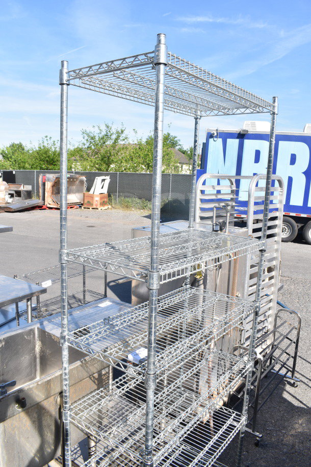 Chrome finish 6 tier wire shelving unit, in good condition, outdoor setting. Buyer must dismantle for shipping.