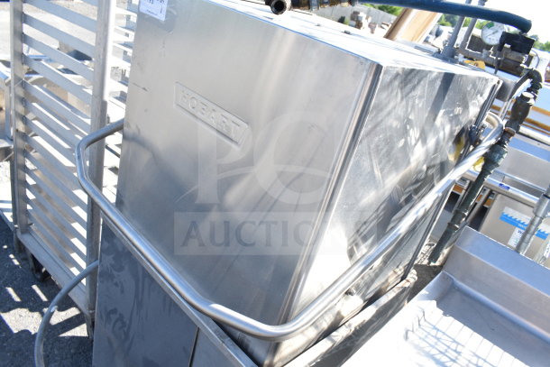 Hobart AM18 commercial straight pass-through dishwasher, stainless steel, 208-240V, 3 phase, visible brand logo.