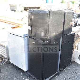 Seven mini coolers/freezers, brands include Galanz and Hisense, on display. 120 volts, 1 phase. Slight wear visible.