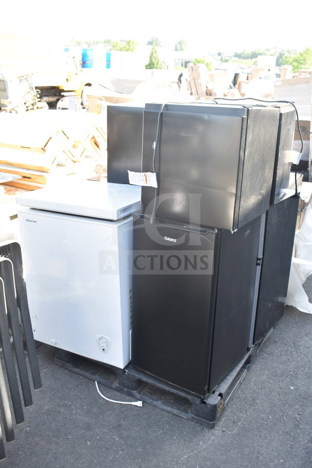 Seven mini coolers/freezers including Galanz and Hisense models, 1-phase, 120 volts, stacked on a pallet, various conditions.