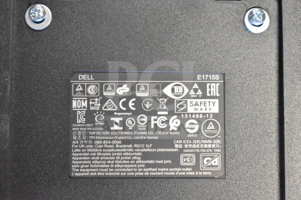 Dell E1715S monitor label showing safety certifications and manufacturer's details, indicating compliance and origin.