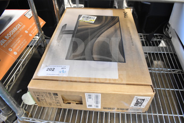 Dell computer monitor in box, models SE2425HMf and E1715S, new condition. Auction label marking: Lot 202, Qty 2x bid.