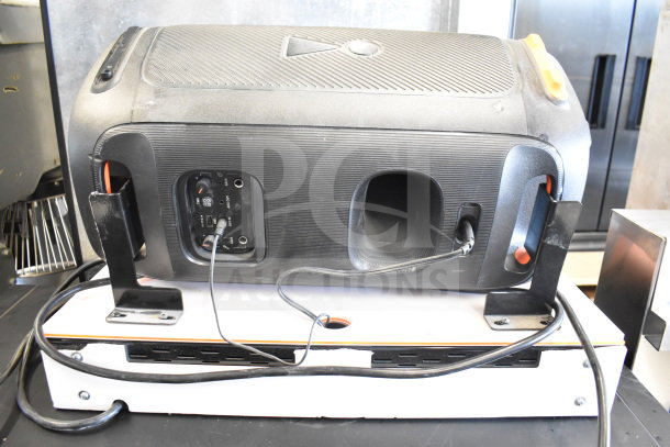 JBL PartyBox Portable Bluetooth Speaker, rear view showing ports and connections, used condition.