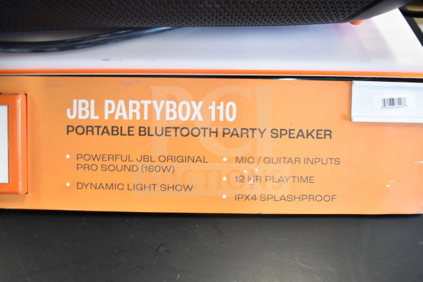 2 JBL PartyBox 110 Portable Bluetooth Speakers, 160W sound, dynamic light show, mic/guitar inputs, 12hr playtime, IPX4 splashproof.