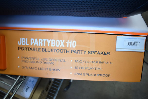 2 JBL PartyBox 110 Portable Bluetooth Speakers, each offering 160W pro sound, dynamic light show, 12hr playtime, IPX4 splashproof, mic/guitar inputs.