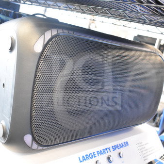 2 Onn Portable Bluetooth Speakers, large grille, sturdy design, box labeled "Large Party Speaker," ideal for events.