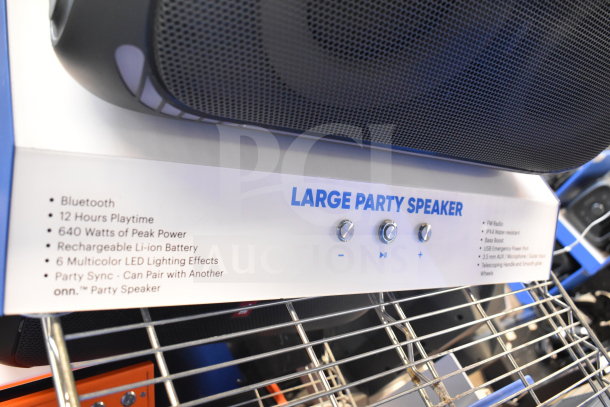 Two Onn portable Bluetooth speakers with 12-hour playtime, 640W peak power, LED effects, and Party Sync feature.