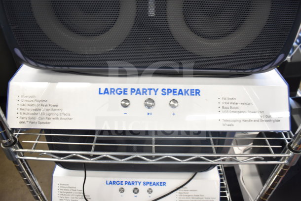 2 Onn Portable Bluetooth Speakers with 640W peak power, 12-hour playtime, and IPX4 water resistance. Includes multicolor LED effects and party sync feature.