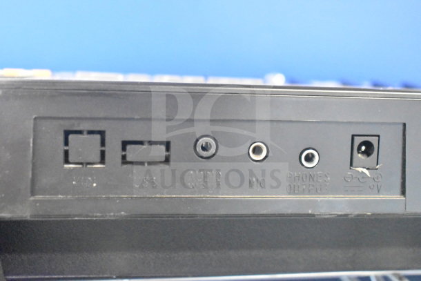 Audio-visual device panel showing inputs labeled "USB," "Audio Input," "Mic," "Phones Output," and a power input.