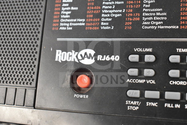 RockJam RJ640 keyboard control panel with power button and function labels.