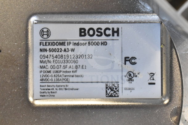 Bosch Flexidome IP Indoor 5000 HD camera label with model NIN-50022-A3-W, specs, and certification markings.