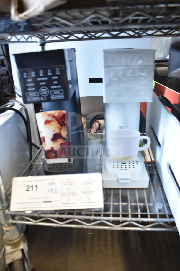 Chefman Single Cup Coffee Machine duo on shelf, digital display, black and white units, auction lot 211 tag visible.