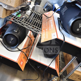 3 JBL Boombox 3 portable Bluetooth speakers in boxes, new condition, featuring powerful sound and waterproof design.
