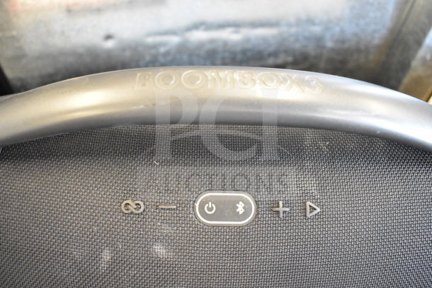 JBL Boombox 3 Portable Bluetooth Speaker, black mesh finish, control buttons visible. Embossed handle text 'BOOMBOX3'.