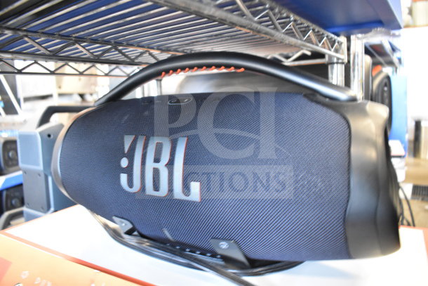 JBL Boombox 3 Portable Bluetooth Speaker, black, rugged handle, large JBL logo, new condition, shelf display.