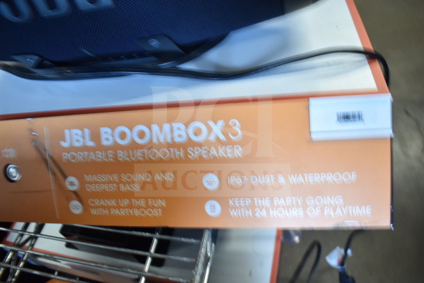 JBL Boombox 3 portable Bluetooth speaker box, features massive sound, IP67 waterproof, 24-hour playtime.