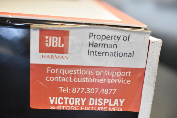 JBL Boombox 3 box showing Harman branding label with customer service contact information.