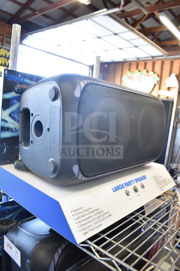 Onn Large Party Speaker, Bluetooth, 640W power, 12hr playtime. Features LED lighting, party sync. New condition.