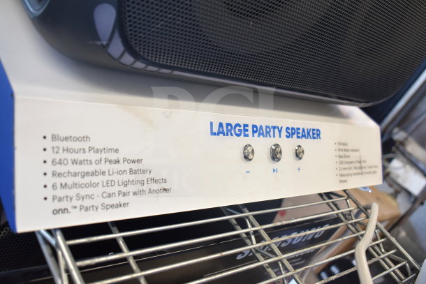 Onn Large Party Speaker featuring Bluetooth, 640W peak power, 12-hour playtime, rechargeable battery, LED effects, and more.