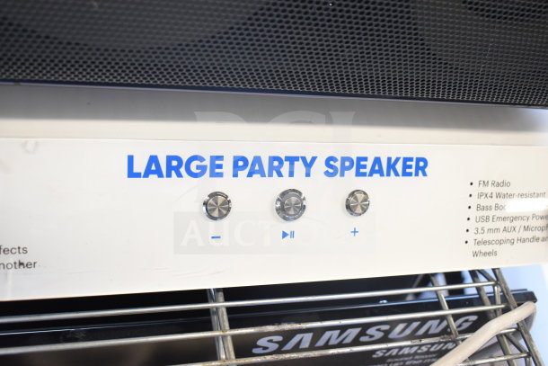 2 Onn Large Party Speakers with FM radio, IPX4 water resistance, bass boost, USB power, and AUX input.
