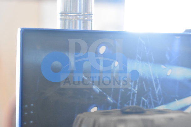 Onn Large Party Speaker, logo detail. Bright blue logo on dark background, highlighting the brand's visibility and appeal.