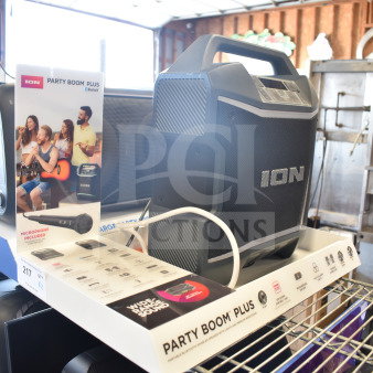 2 Ion Party Boom Plus speakers with Bluetooth, brand new in packaging. Features include wide-range sound, microphone included.