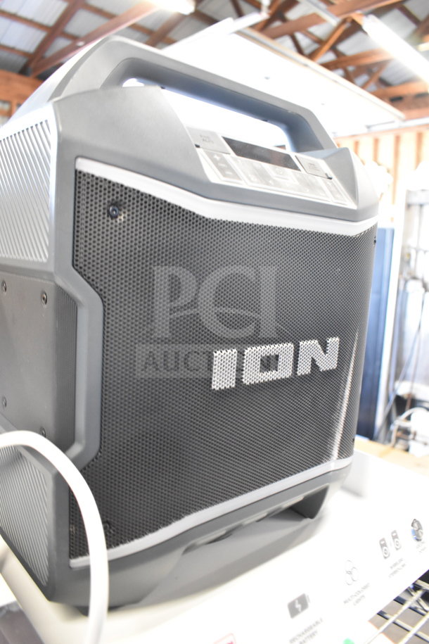 2 Ion Party Boom Plus Speaker, gray, grid front, handle, control panel on top; excellent condition, dual units.