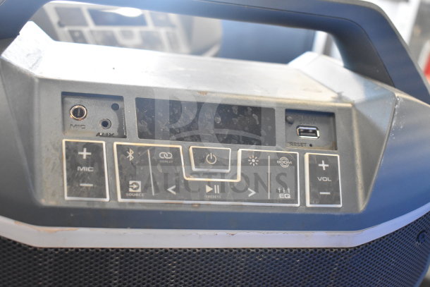 2 Iron Party Boom Plus Speaker, control panel with mic and aux inputs, Bluetooth, EQ settings, slight wear visible.