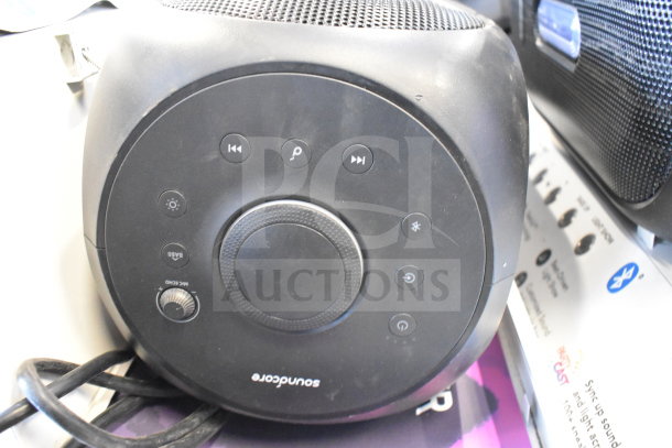 2 Anker Soundcore Rave+ Partycast Speakers, black, featuring Bluetooth connectivity and control panel. Good condition.