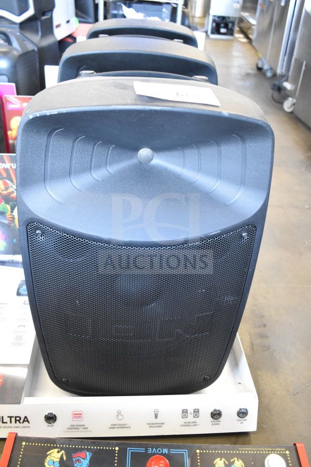 Three Ion Pro Glow Ultra speakers on display, featuring wireless stereo link, microphone input, and volume controls.