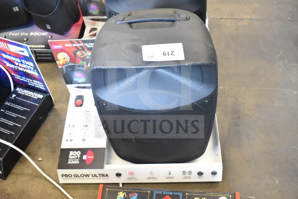 Ion Pro Glow Ultra speaker in good condition, black casing, on display stand. Features 300-watt audio.