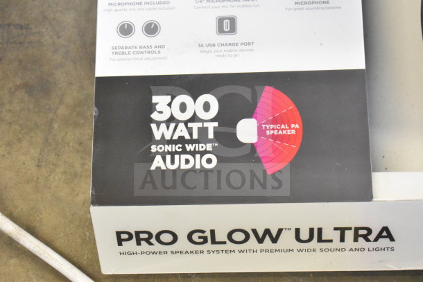 Ion Pro Glow Ultra Speaker box featuring "300 Watt Sonic Wide Audio" text and diagram, showcasing premium sound and lights.