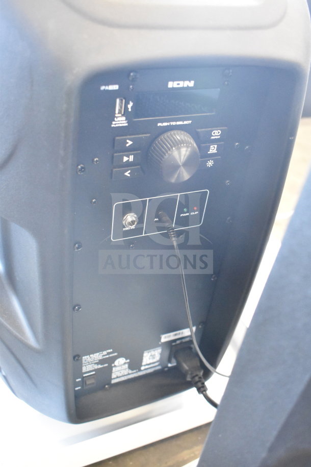 Ion Pro Glow Ultra speaker with control panel, USB port, and input connections. Black casing; excellent condition.