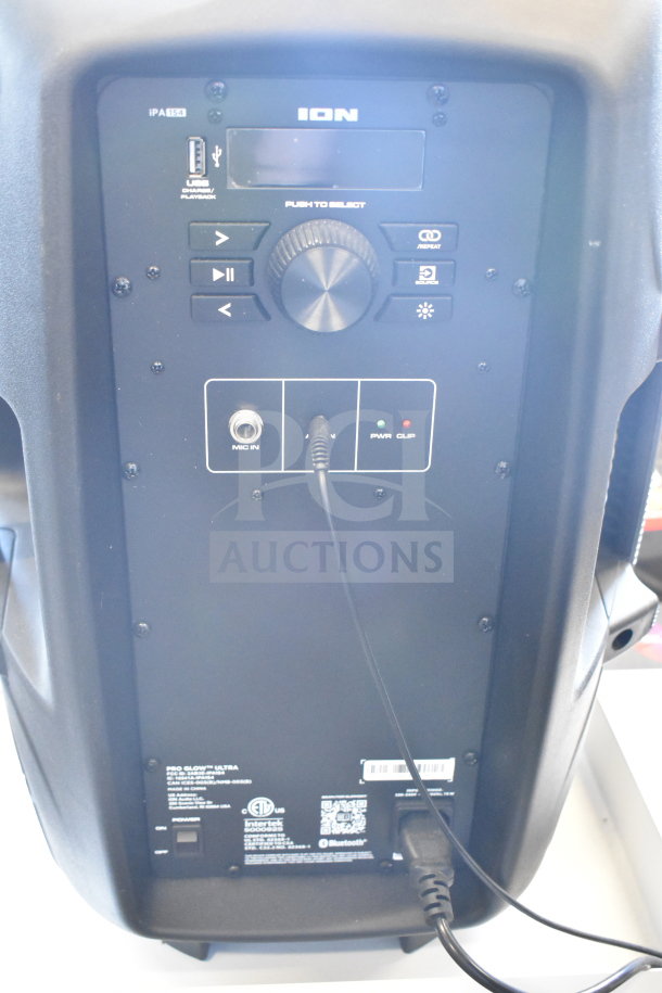 Ion Pro Glow Ultra speaker featuring control panel, mic input, and power button. Model iPA154, Bluetooth enabled, excellent condition.