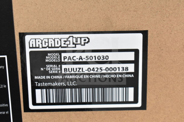 Arcade 1UP PAC-A-501030 Pac Man Machine label with serial number BUUZL-0425-000138, Made in China.