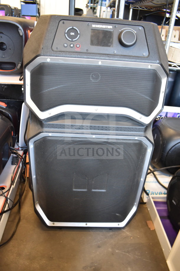 Monster MNRRX Rockin' Roller Speaker, black, dual speakers, control panel with knobs and buttons, lightly used condition.