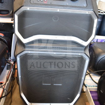 Monster MNRRX Rockin' Roller Speaker, black, dual speakers, control panel with knobs and buttons, lightly used condition.