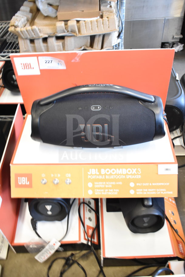 JBL Boombox 3 speaker, portable Bluetooth, IP67 waterproof, massive bass, 24-hour playtime. Store display condition.