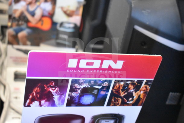 ION Pro Glow 1500 speaker display with vibrant images and branding, highlighting key sound features.