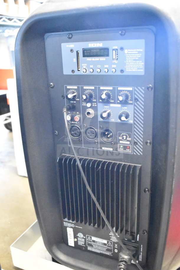 Ion Pro Glow 1500 speaker display with control panel and input options; includes RCA and XLR connections.
